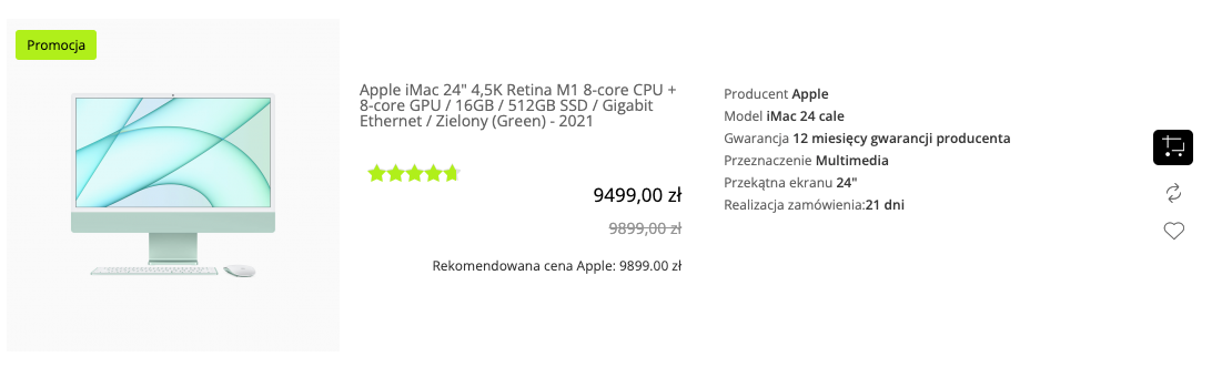 Apple iMac 24 cala 4,5K Retina M1 8 core CPU + 8 core GPU / 16GB / 512GB SSD / Gigabit Ethernet / Zielony (Green) - 2021 - MGPH3ZE/A/R1/D1