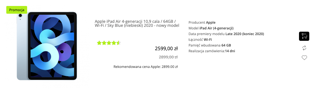 Apple iPad Air 4-generacji 2020 10,9 cala 64GB Wi-Fi Błękitny (Sky Blue) - MYFQ2FD/A