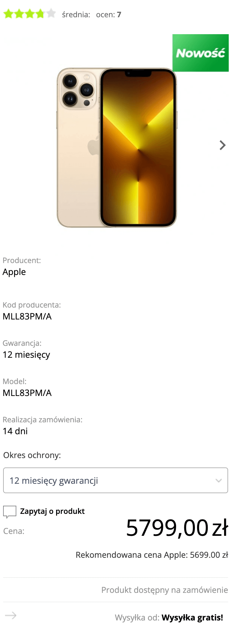 Apple iPhone 13 Pro Max 128GB Złoty (Gold) - MLL83PM/A