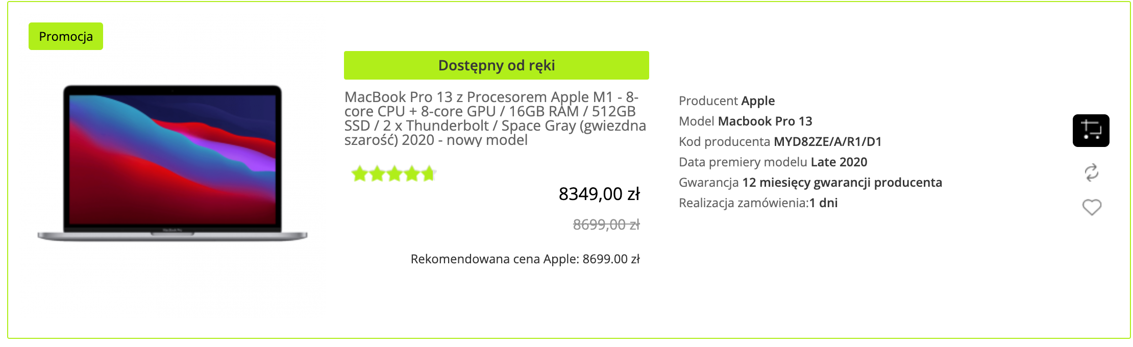 Apple MacBook Pro 13,3 cala M1/16GB/512GB SSD/macOS Gwiezdna Szarość - MYD82ZE/A/R1/D1