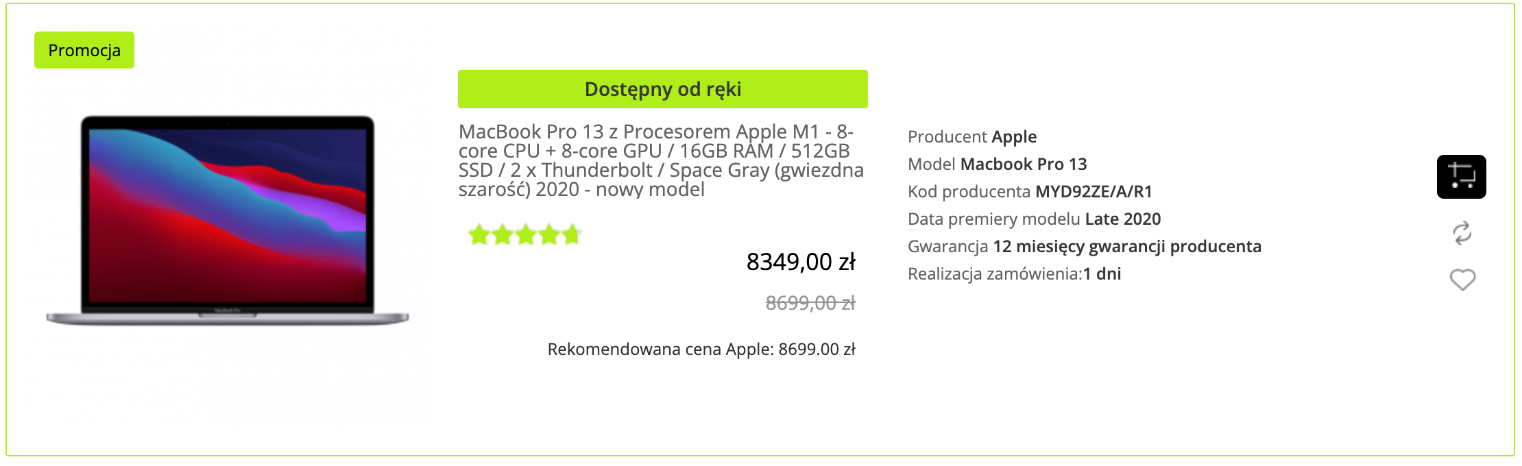 Apple MacBook Pro 13,3 cala M1/16GB/512GB SSD/macOS Gwiezdna Szarość - MYD92ZE/A/R1