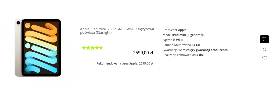 Apple iPad mini 6 8,3 cala 64GB Wi-Fi Księżycowa poświata (Starlight) - MK7P3FD/A