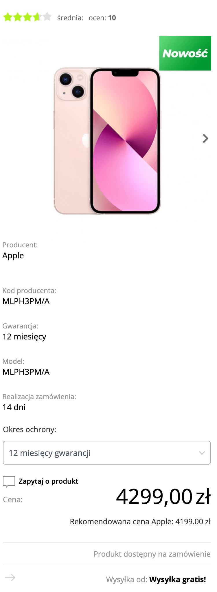 Apple iPhone 13 128GB Różowy (Pink) - MLPH3PM/A