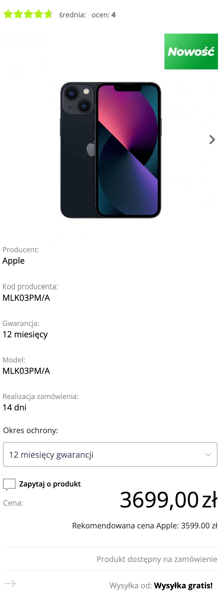 Apple iPhone 13 mini 128GB Północ (Midnight) - MLK03PM/A