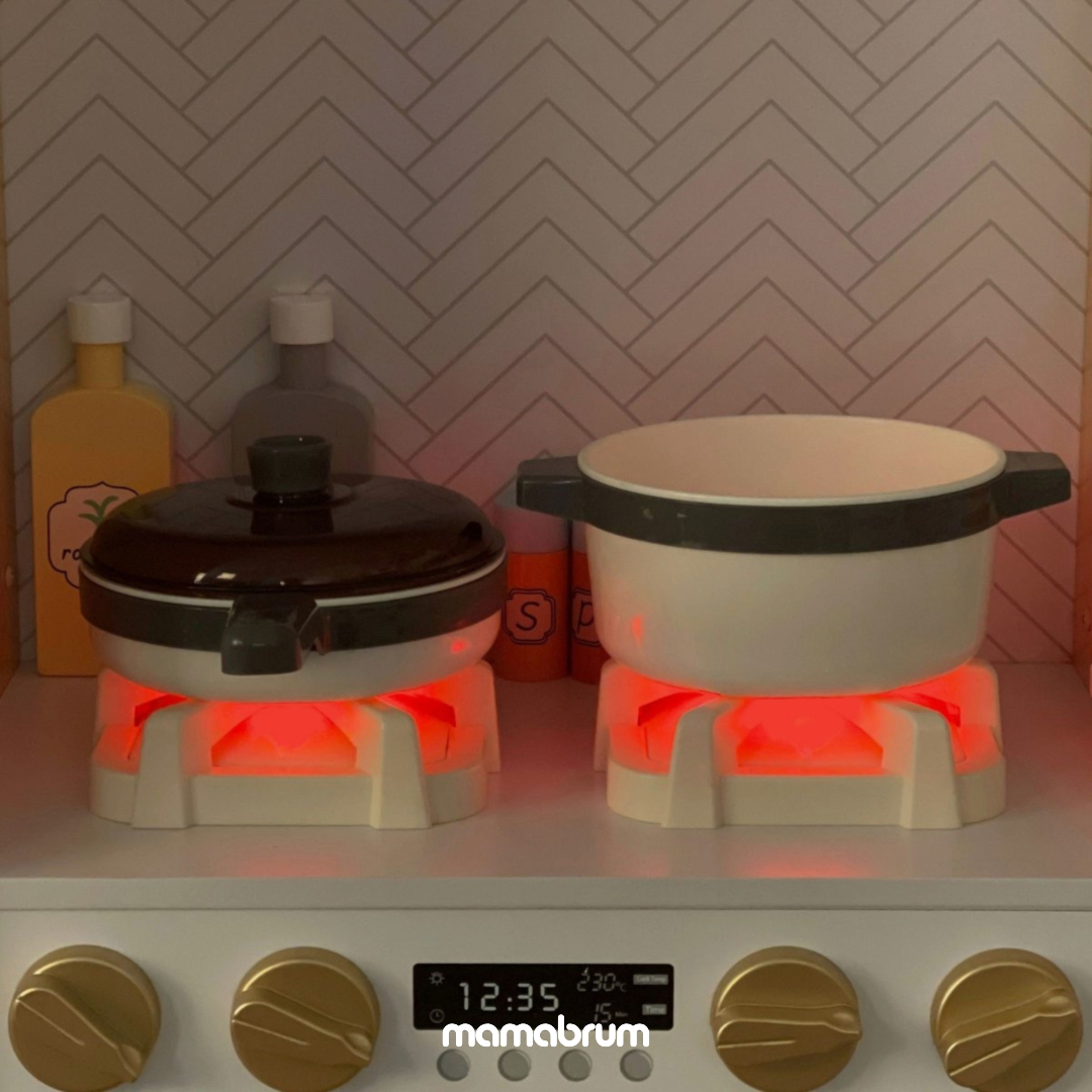 Duża, drewniana kuchnia interaktywna XXXXL z oświetleniem LED, pralką mikrofalą ekspresem do kawy oraz zestawem warzyw i owoców - 50 elementów