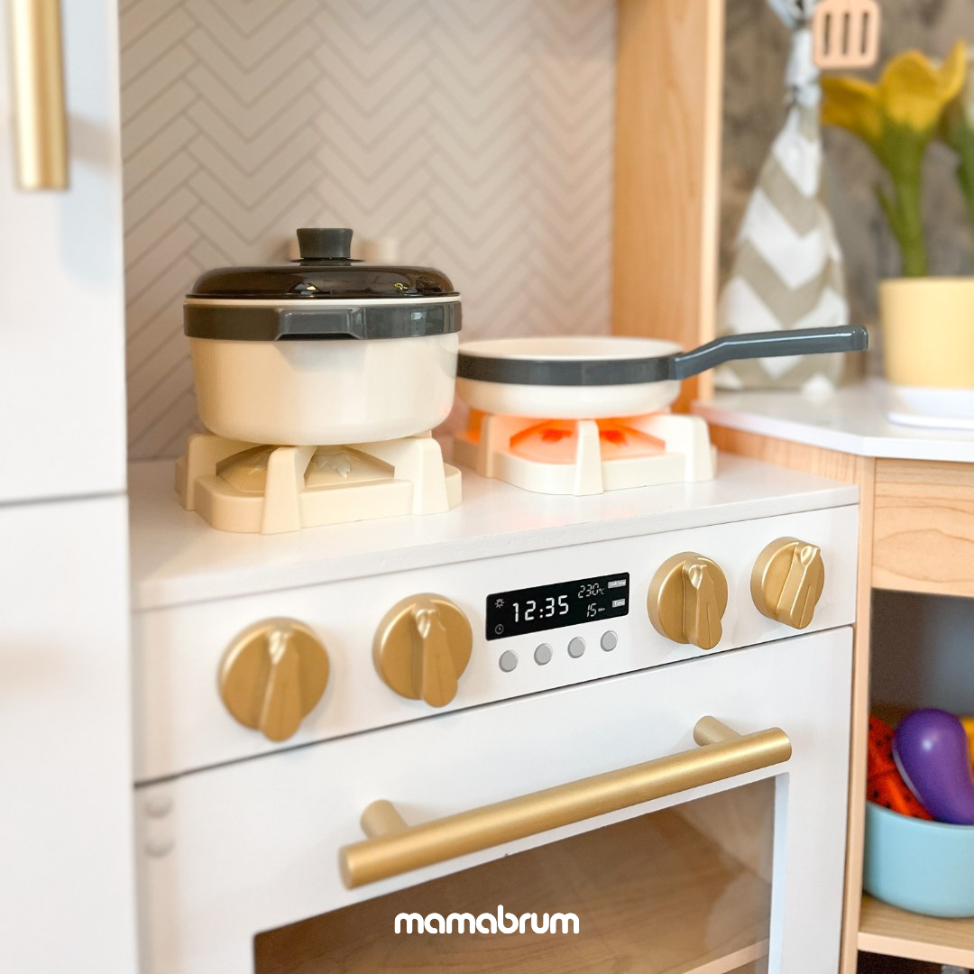 Duża, drewniana kuchnia interaktywna XXXXL z oświetleniem LED, pralką mikrofalą ekspresem do kawy oraz zestawem warzyw i owoców - 50 elementów