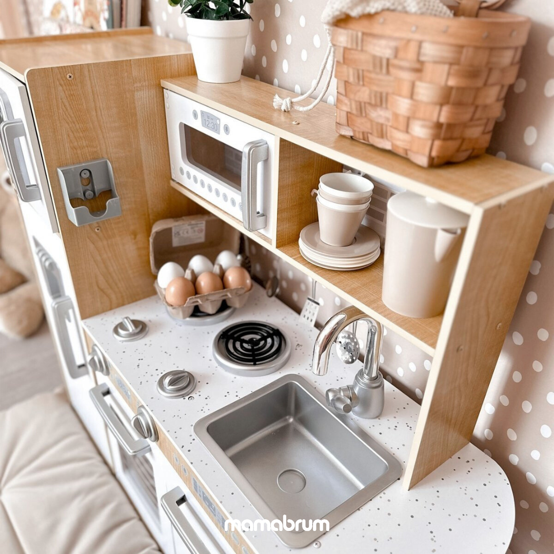 Interaktywna drewniana kuchnia XXL z akcesoriami i oświetleniem LED - dwupoziomowa