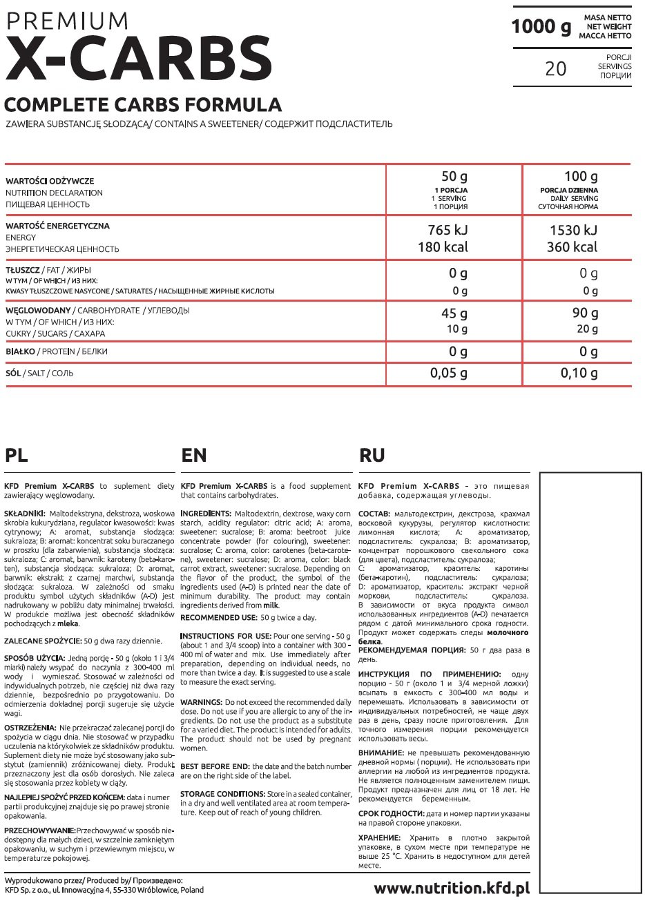 KFD Premium X-Carbs 1000g informacja