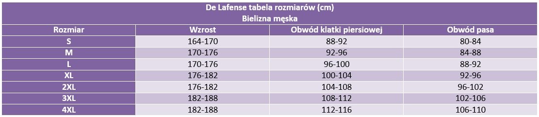 De Lafense tabela rozmiarów męskich