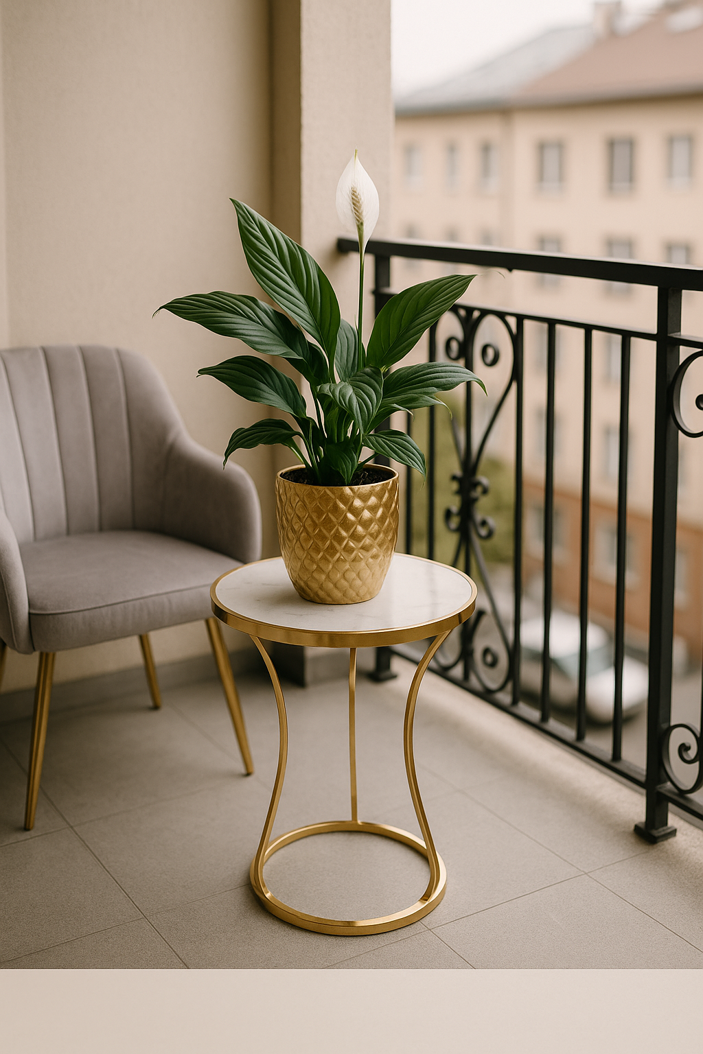 : Luksusowy balkon glamour z dużą rośliną w ceramicznej donicy, szklanym stolikiem i metalicznymi dodatkami w odcieniach złota.