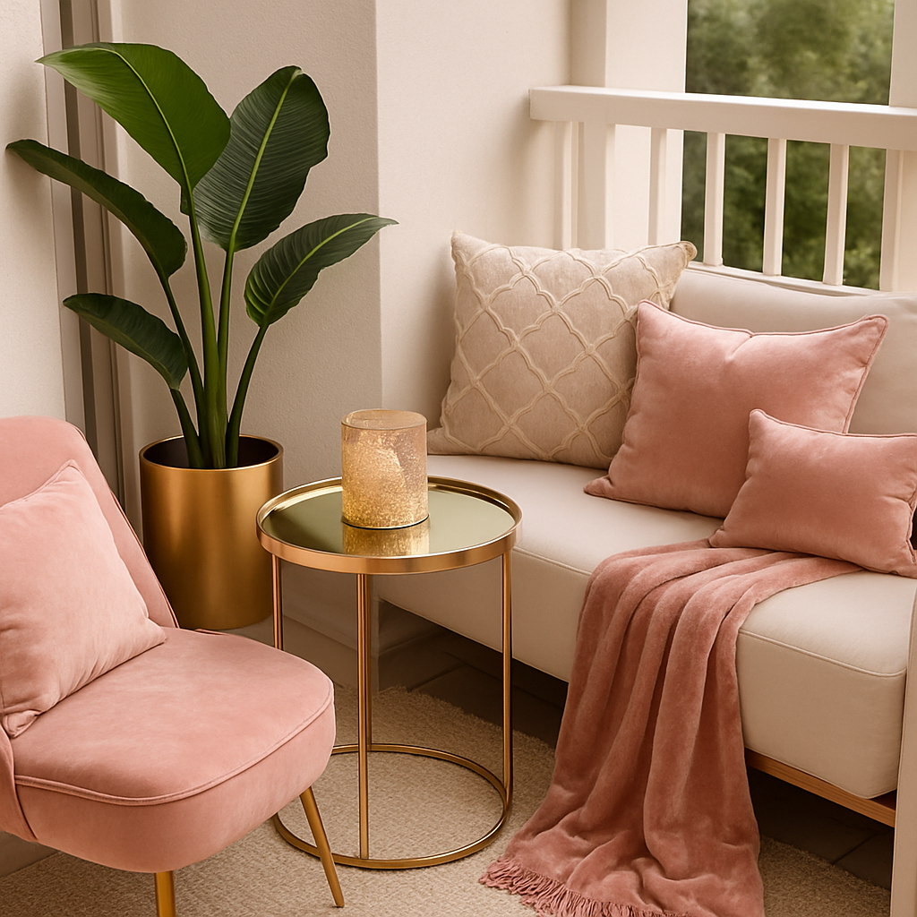 Balkon glamour z różowymi i szampańskimi dodatkami, złotą donicą, poduszkami w stylu pałacowym i welurowym pledem.