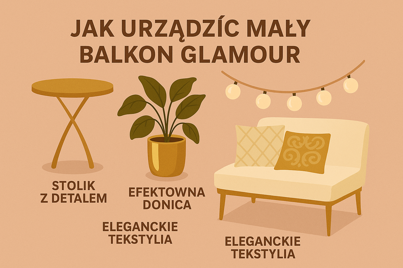 Infografika przedstawiająca trzy kluczowe elementy aranżacji balkonu w stylu glamour – welurową poduszkę w odcieniu szampana, złotą donicę z lawendą oraz szklany stolik ze złotą ramą, utrzymana w eleganckiej, kobiecej kolorystyce.