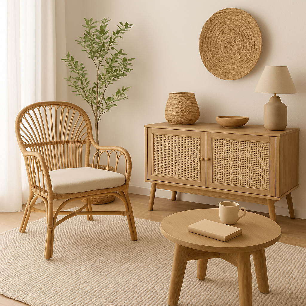 Przytulny salon z meblami SKLUM dostępnymi w Bellissima Casa – naturalne drewno, rattanowy fotel i lampa podłogowa w stylu boho