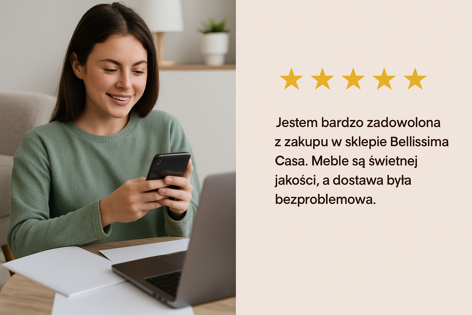 Cytat zadowolonego klienta Bellissima Casa – opinia o jakości mebli SKLUM i bezpiecznych zakupach online