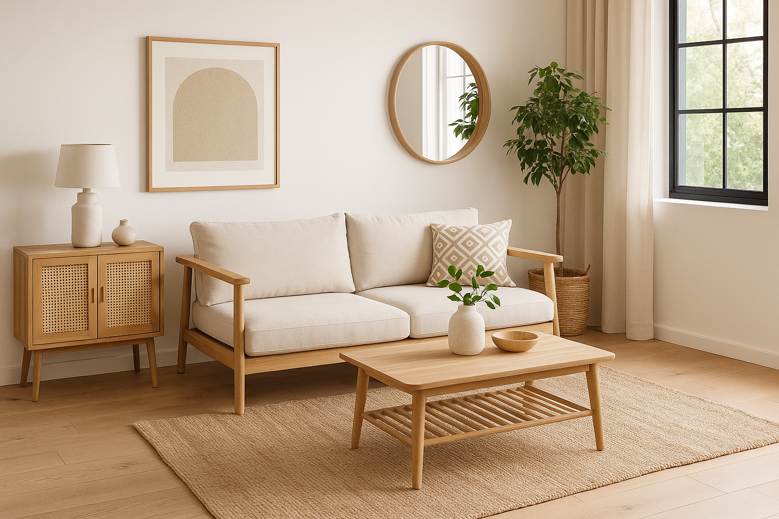Jasny, minimalistyczny salon w stylu skandynawskim z drewnianymi meblami, beżową sofą i naturalnymi dodatkami.