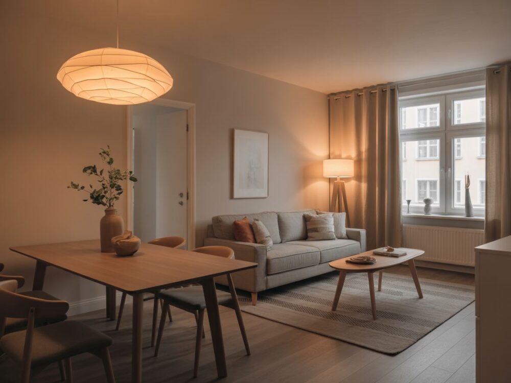 Warstwowe oświetlenie wnętrza – lampa sufitowa, kinkiet i lampa stołowa