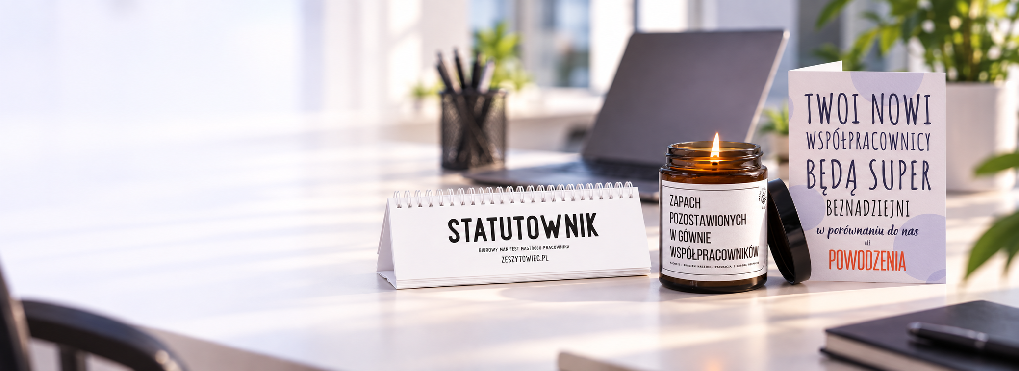 Prezenty do biura Zeszytowiec - Statutownik, świeca i kartka na pożegnanie