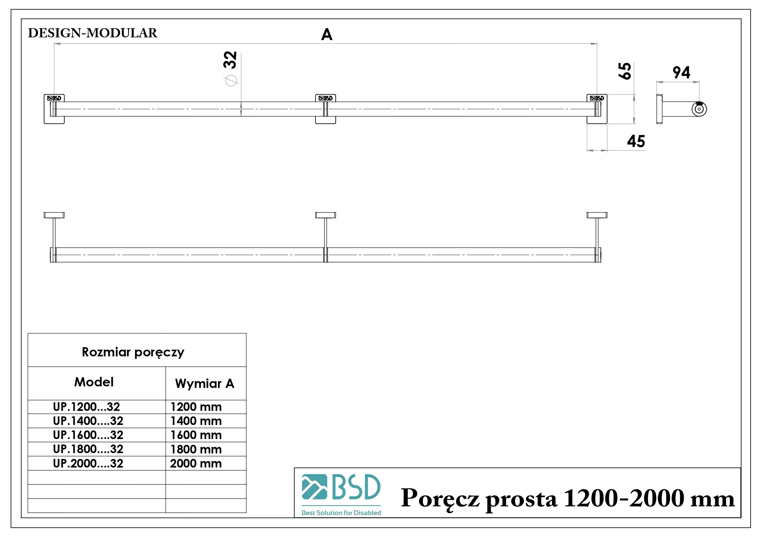 Poręcz prosta 120-200 cm stal nierdzewna seria MODULAR z maskownicami