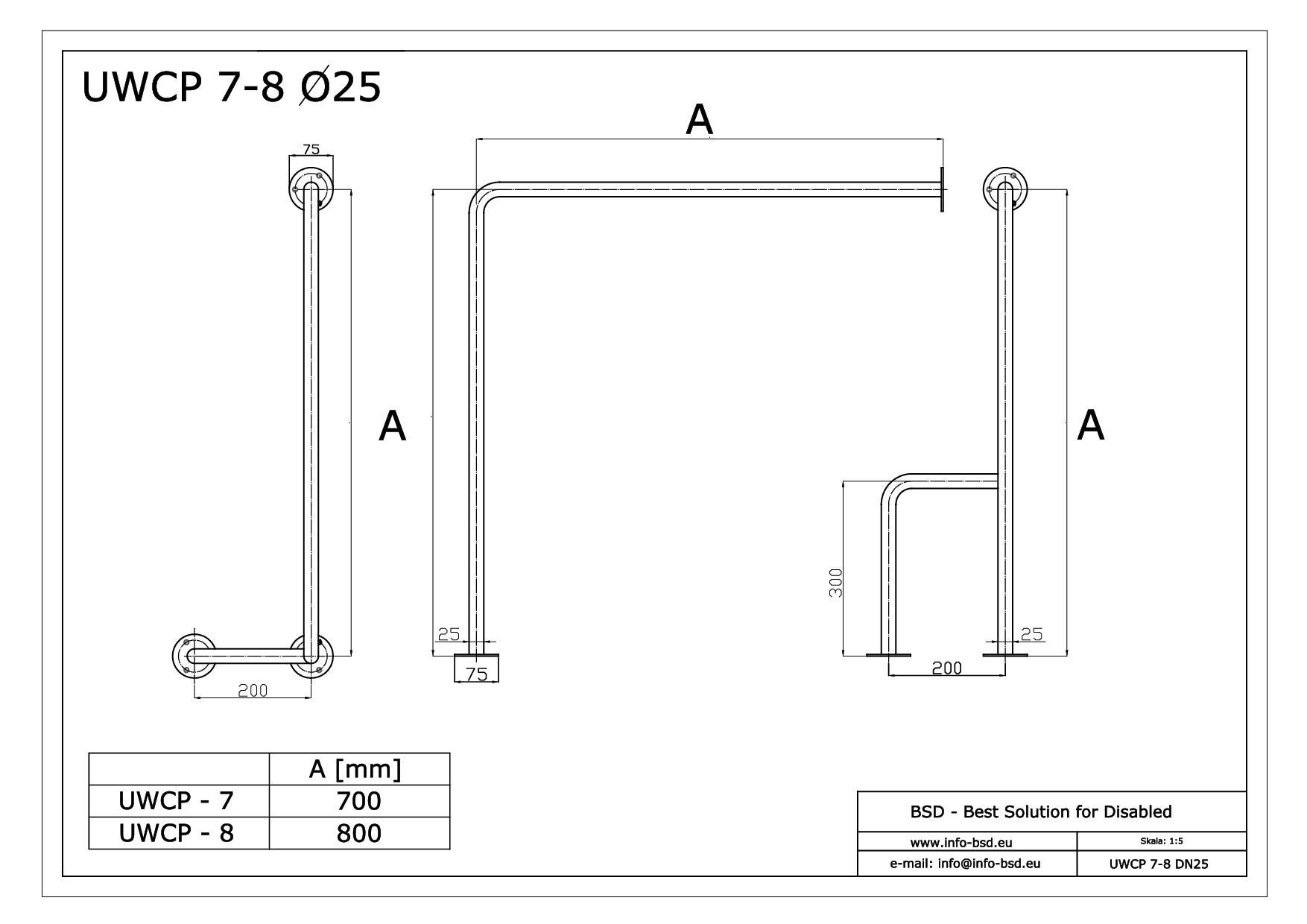 BSD SIMPLY UWCP - 8 SN25 Uchwyt do WC mocowany do podłogi-ściany prawy 80cm stal nierdzewna fi25