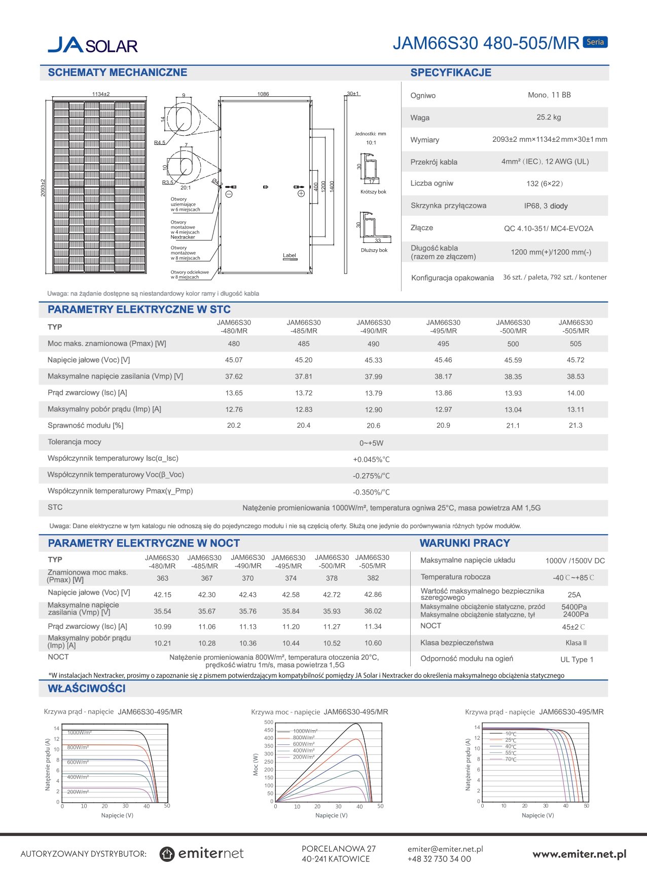 Karta katalogowa panel fotowoltaiczny 505W JA Solar JAM66S30-505/MR_BF