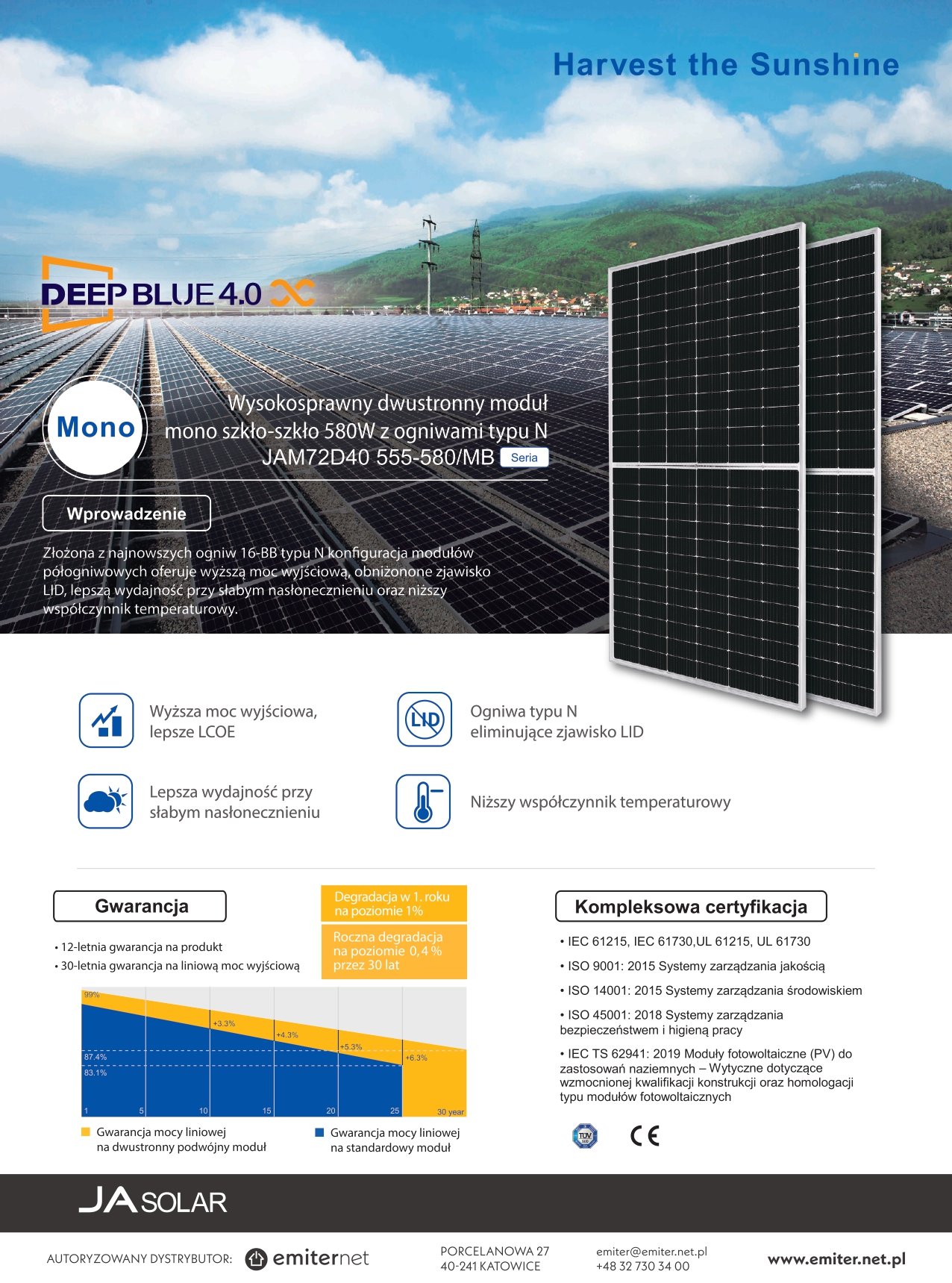 Karta katalogowa panel fotowoltaiczny 580w ja solar JAM72D40-580/MB_SF