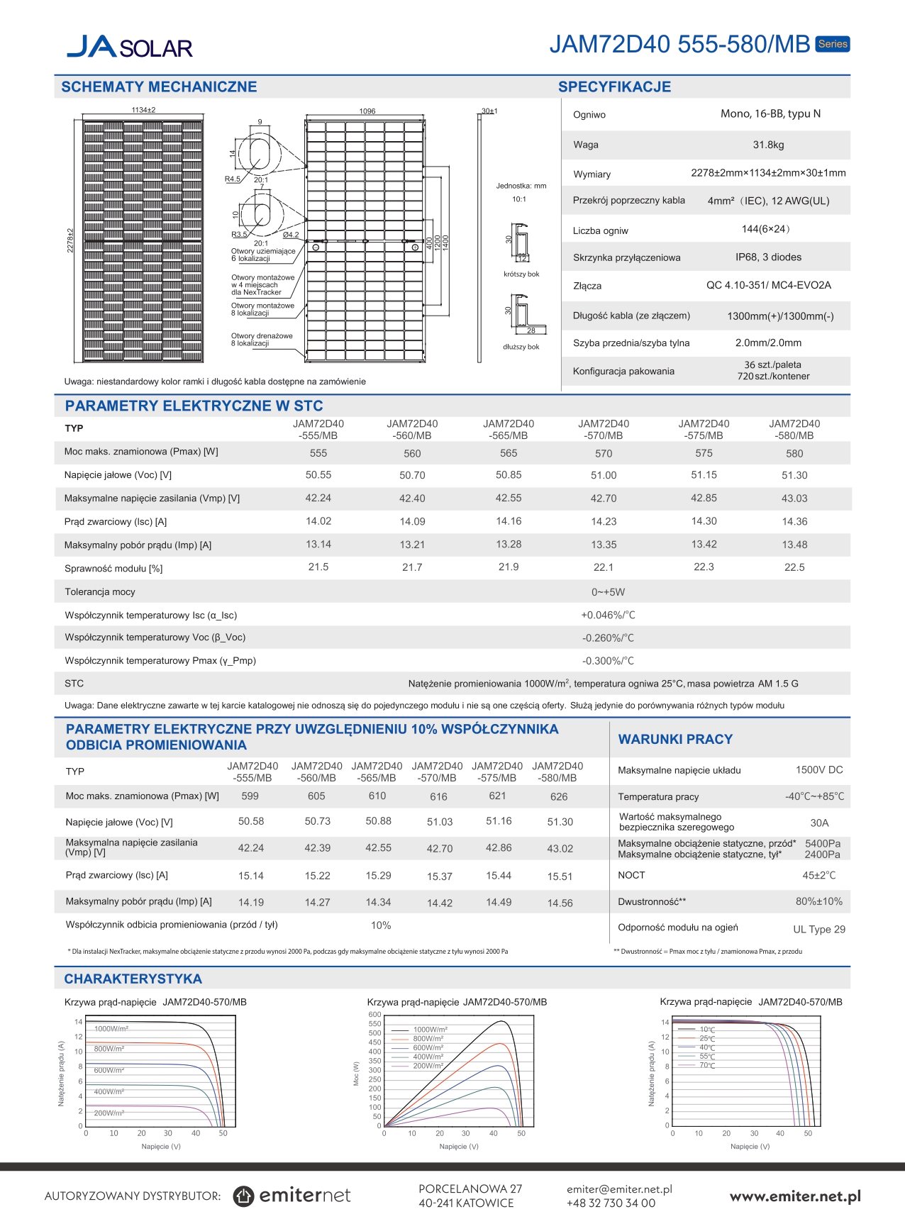 Karta katalogowa panel fotowoltaiczny 580w ja solar JAM72D40-580/MB_SF
