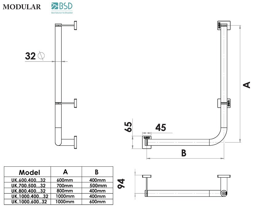 Winkelstützgriff 100/40 cm Edelstahl Ø32 mm – rechte Montage – barrierefreies Bad