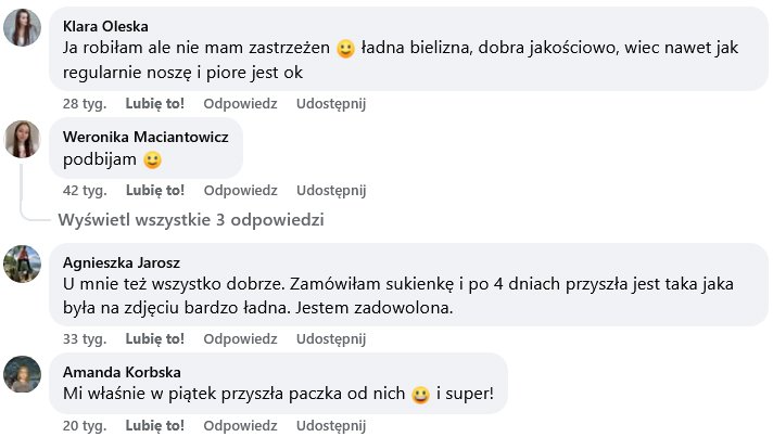 Pozytywne recenzje o jakości bielizny Intimiti.pl na Facebooku