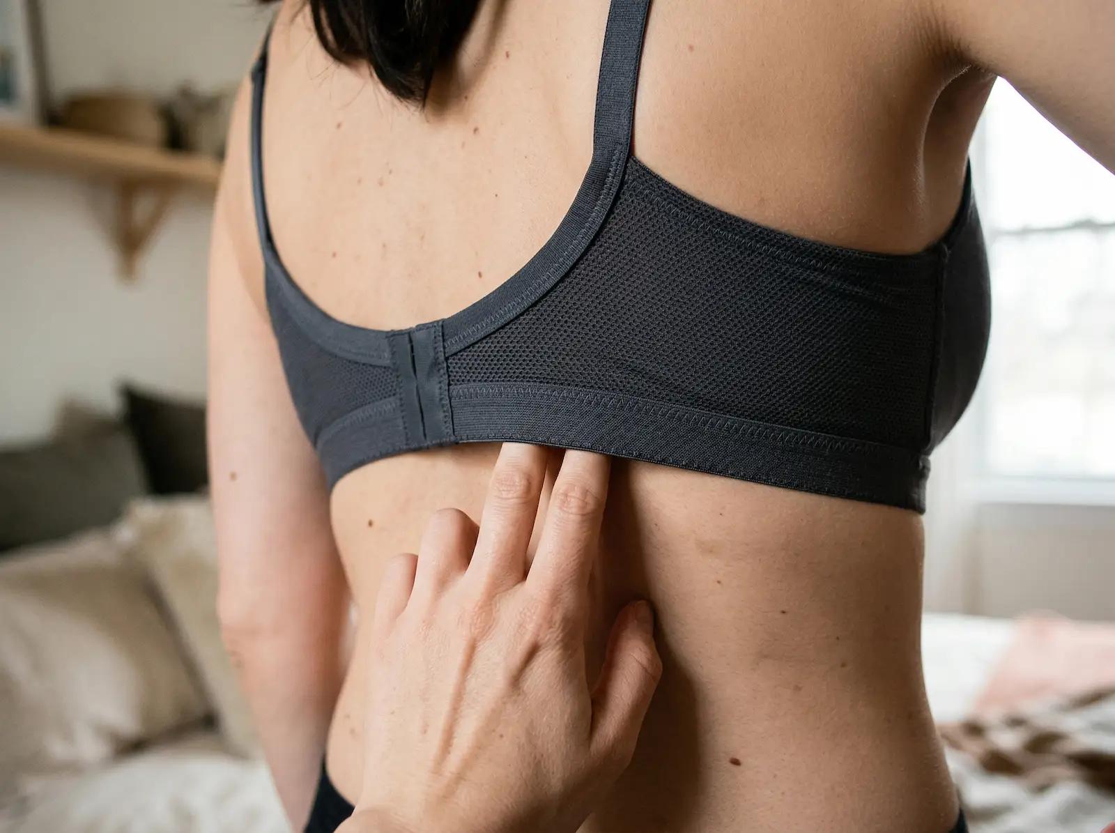 Kobieta sprawdzająca luz pod pasem biustonosza za pomocą dwóch palców