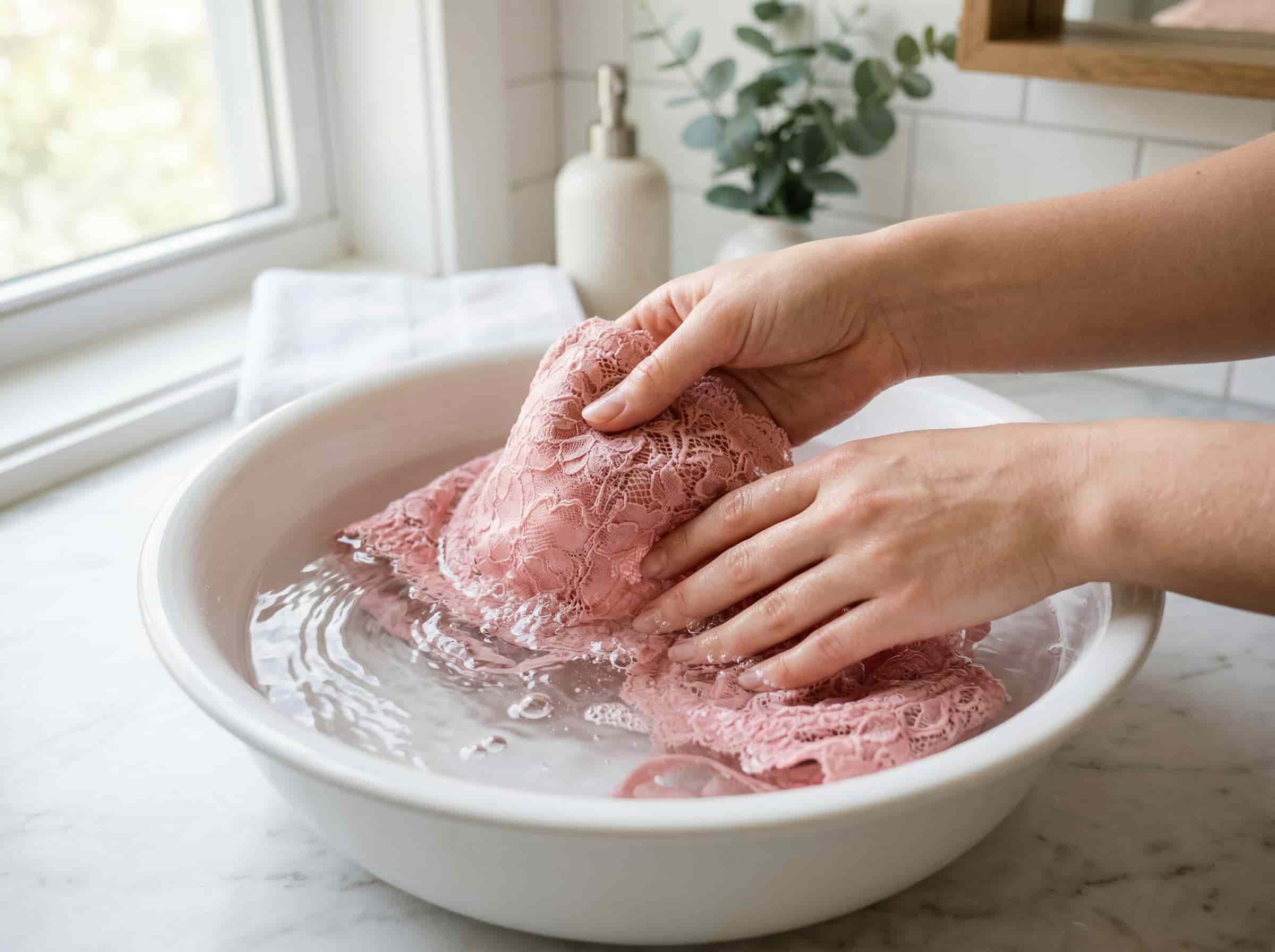 Proces ręcznego prania koronkowej bielizny w misce z letnią wodą.