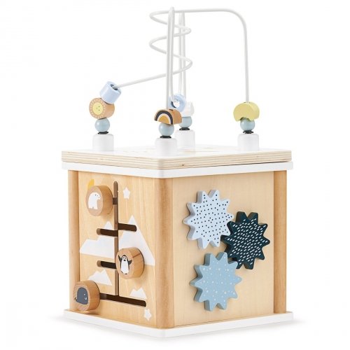 Drewniana kostka edukacyjna z przeplatanką - sorter kształtów