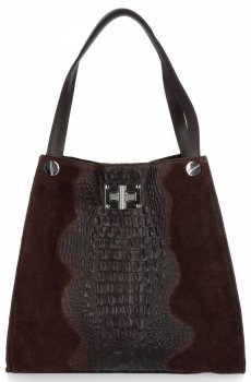 Bőr Shopper Bag XL táska kozmetikai táskával, aligátor minta, csokoládé