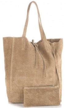 Modna Torba Skórzana ShopperBag z Etui Ciemny Beż