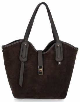 Włoska Torebka Skórzana Shopper Bag z Kosmetyczką 631 Czekoladowa