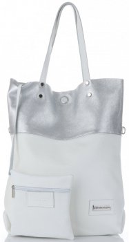 Vittoria Gotti Duży Włoski Skórzany Shopper XXL z Etui idealny na co dzień i na zakupy Biały