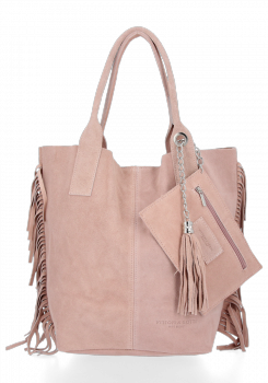 Modna Torebka Skórzana Zamszowy Shopper Bag w Stylu Boho firmy Vittoria Gotti Pudrowy Róż