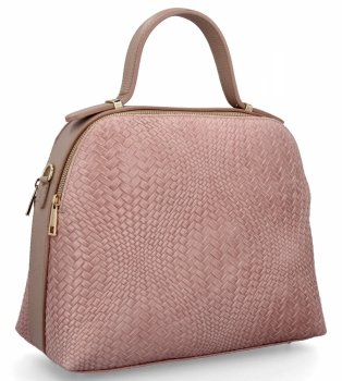 Elegancka Torebka Skórzana Włoski Kuferek 2 Komory 5273 Pudrowy Róż