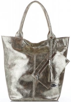 Vittoria Gotti Elegancki Skórzany Shopper z Etui w rozmiarze XL Ziemisty ze złotem