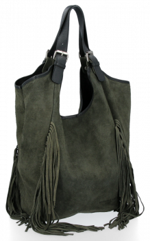 Modne Torebki Skórzane Shopper Bag z Frędzlami firmy Vittoria Gotti Khaki