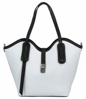 Włoska Torebka Skórzana Shopper Bag z Kosmetyczką 631 Biała/Czarna