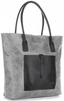 Uniwersalna Torebka Skórzana XXL Genuine Leather Jasno Szara