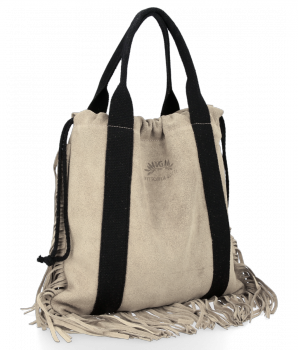 Vittoria Gotti Włoska Torebka Skórzana Shopper Bag w stylu Boho Beżowa