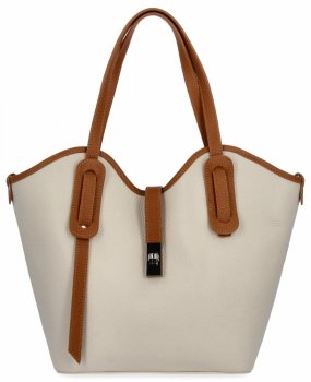 Włoska Torebka Skórzana Shopper Bag z Kosmetyczką 631 Beżowa/Ruda
