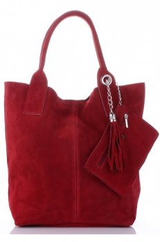 Torebka skórzana  Shopper bag zamsz naturalny Bordowa