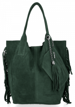 Modna Torebka Skórzana Zamszowy Shopper Bag w Stylu Boho firmy Vittoria Gotti Butelkowa Zieleń