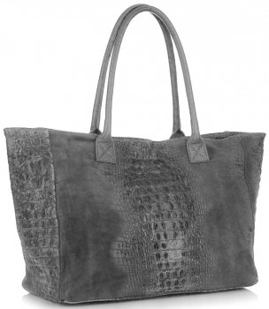 Duża Torba Skórzana z motywem Aligatora firmy Genuine Leather Szara