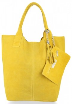 Włoska Torebka Skórzana  Shopper bag Zamsz Naturalny Limonka