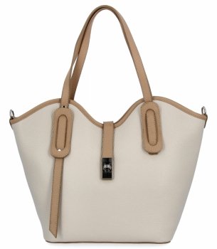 Włoska Torebka Skórzana Shopper Bag z Kosmetyczką 631 Beżowa/Ciemno Beżowa