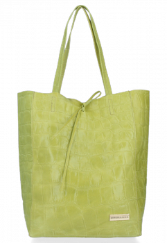 Vittoria Gotti Włoski Shopper XL Uniwersalna Torba Skórzana do noszenia na co dzień z modnym motywem Żółwia Limonka
