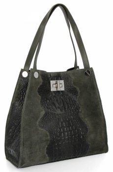 Kožená taška Shopper Bag XL s kozmetickou taštičkou, vzor aligátor, zelená